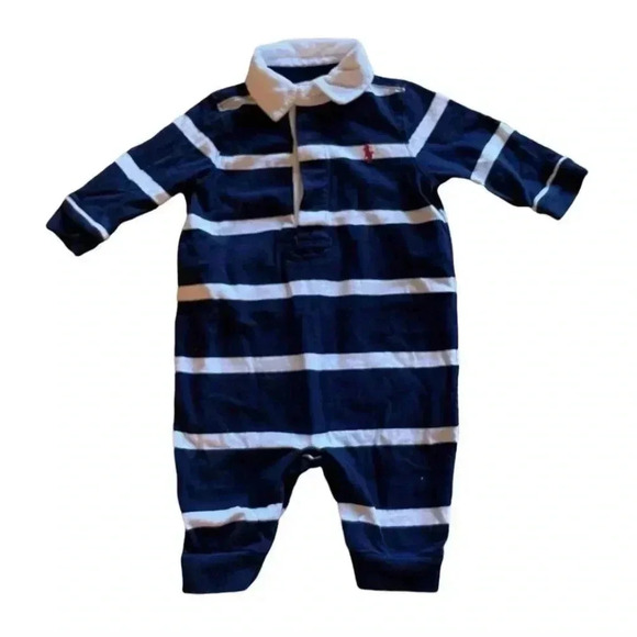 Ralph Lauren Navy/ White Stripes Baby Rugby Coverall SZ 3 mo - Picture 1 of 4